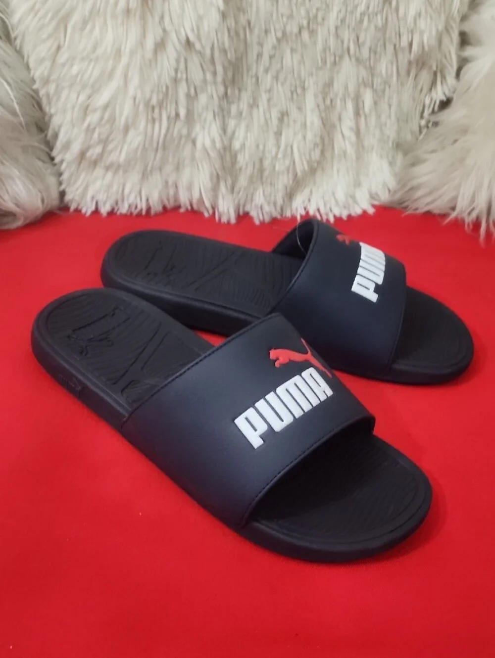 Puma Men's Black Slide Sandals with Red Puma Logo